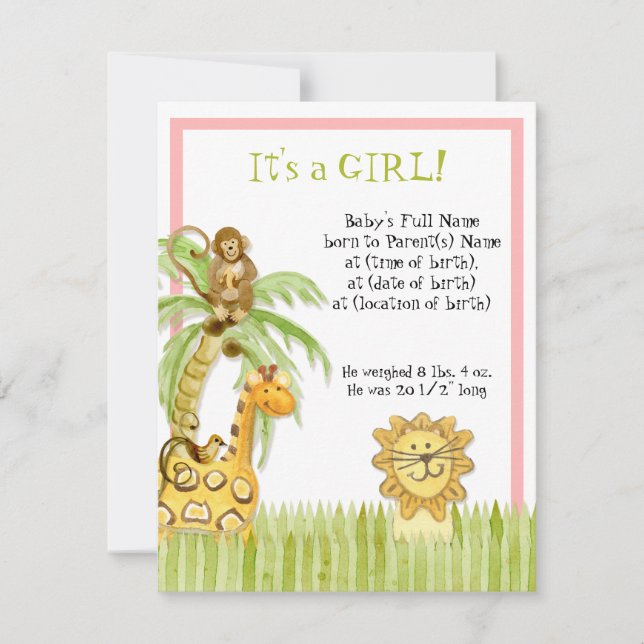 Jungle Babies, Girl Birth Ankündigung (Vorderseite)