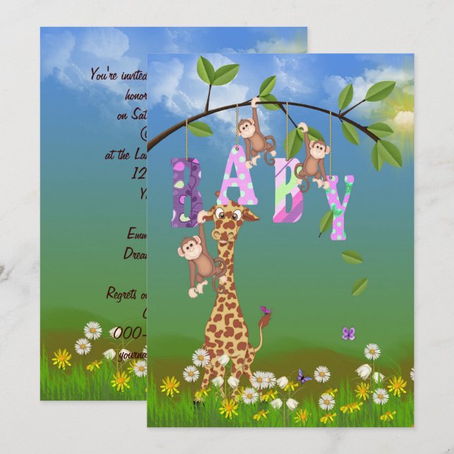 Jungle Baby Girl Dusche Einladung (Vorne/Hinten)