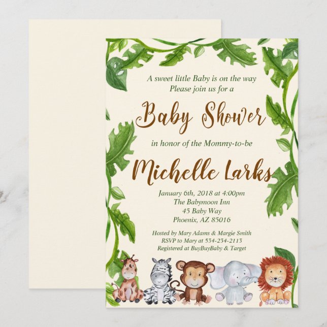 Jungle Baby Shower Invasion, Safari Einladung (Vorne/Hinten)