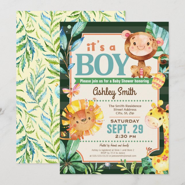 Jungle Baby shower Invitation garçon (Devant / Derrière)