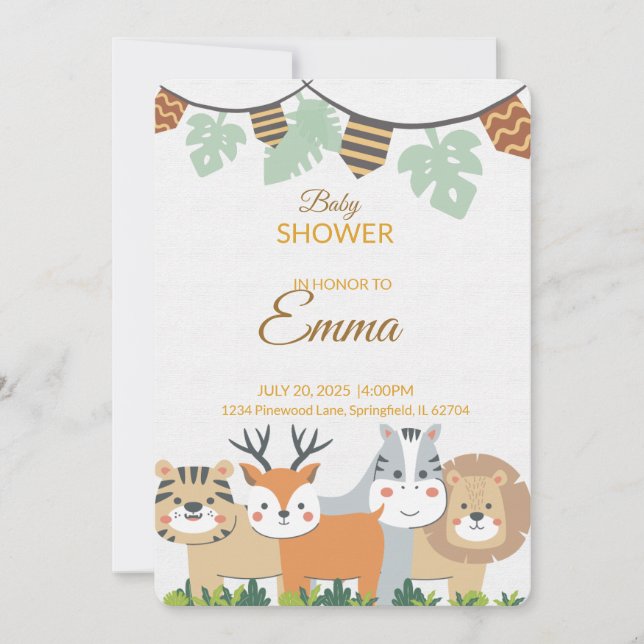 Jungle Baby Shower Invitation – Safari Animal Them Einladung (Vorderseite)