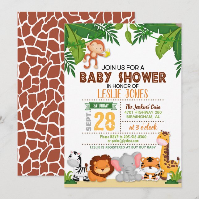 Jungle Babydusche Einladung (Vorne/Hinten)