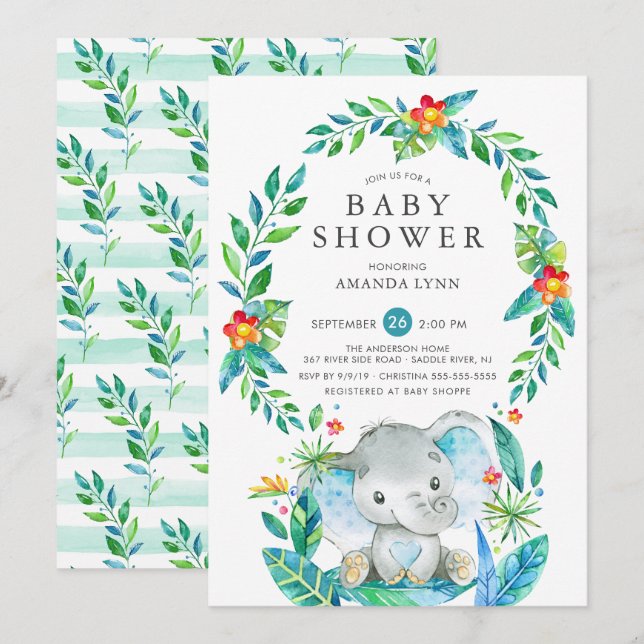 Jungle Blue Elephant Boy Baby Dusche Einladung (Vorne/Hinten)