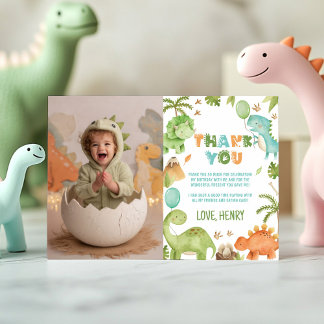 Jungle Dinosaur Cute Boy Birthday Party Photo Dankeskarte