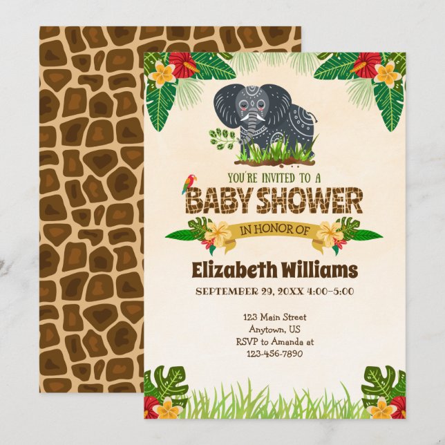 Jungle Elephant Baby Shower Einladung (Vorne/Hinten)