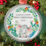 Jungle Elephant Baby's First Christmas Ornament<br><div class="desc">Niedliches Baby's erste Weihnachtsschmuck,  der süßeste kleine Elefant gerahmt mit Aquarelldschungle Blätter.</div>