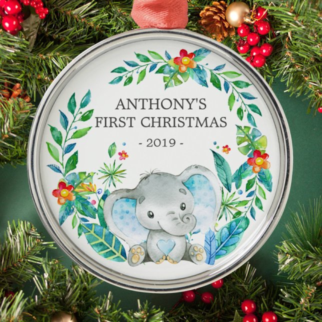 Jungle Elephant Baby's First Christmas Ornament Aus Metall (Von Creator hochgeladen)