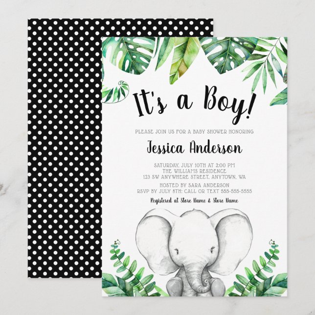 Jungle Elephant Boy Baby Shower Invitations Black Einladung (Vorne/Hinten)