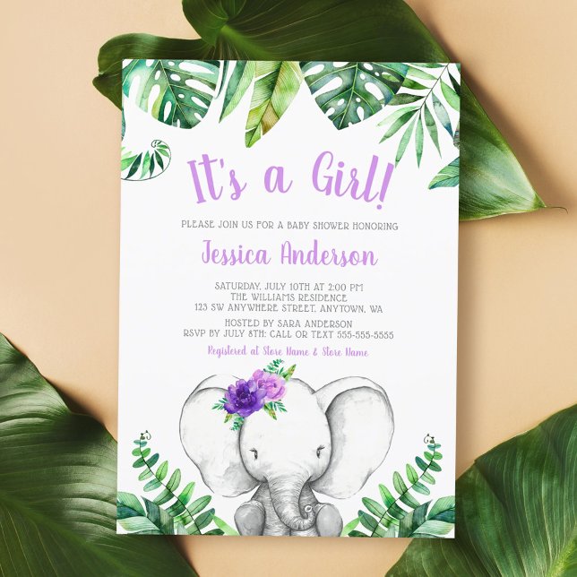 Jungle Elephant Girl Lila Baby Dusche Einladung (Von Creator hochgeladen)
