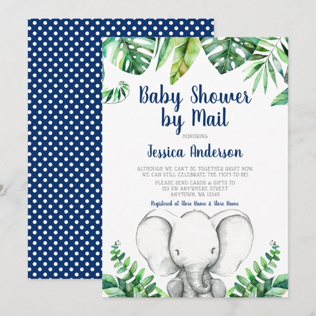 Jungle Elephant Navy Boy Baby Dusche von Mail Einladung (Vorne/Hinten)