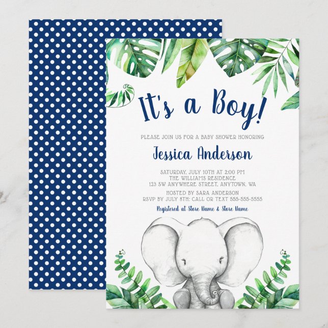 Jungle Elephant Navy Boy Baby Shower Einladungen (Vorne/Hinten)