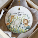 Jungle Foto Baby's First Christmas Ornament<br><div class="desc">Niedliche Baby's erste Weihnachtsschmuck die süßesten kleinen Dschungeltiere gerahmt mit Aquarelldschungel Blätter.</div>