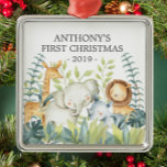 Jungle Foto Boys Baby's First Christmas Ornament<br><div class="desc">Niedliche Baby's erste Weihnachtsschmuck die süßesten kleinen Dschungeltiere gerahmt mit Aquarelldschungel Blätter.</div>