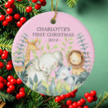 Jungle Foto Girls Baby's First Christmas Ornament<br><div class="desc">Niedliche Baby's erste Weihnachtsschmuck die süßesten kleinen Dschungeltiere gerahmt mit Aquarelldschungel Blätter.</div>