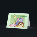 Jungle Friends Kid's Birthday Card Karte<br><div class="desc">Auf dieser niedlichen Kindergeburtenkarte finden sich vier Cartoon-Dschungeltiere,  darunter eine Giraffe,  ein Elefant,  ein Hippo und ein Löwe auf einem zweifarbigen grünen Hintergrund. Der Text vorne und innen ist vollständig anpassbar,  sodass Sie ihn ändern können,  um alles zu sagen,  was Sie wollen.</div>