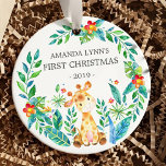 Jungle Giraffe Foto Baby's 1st Christmas Ornament<br><div class="desc">Cute baby first Christmas ornament the sweetest little giraffe framed with watercolor jungle leaves. Flip the ornament over and add your foto!</div>