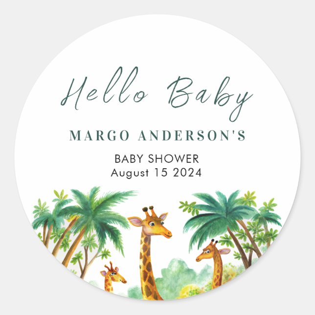 Jungle Giraffe Niedlich Elegant Hallo Babydusche Runder Aufkleber (Vorderseite)