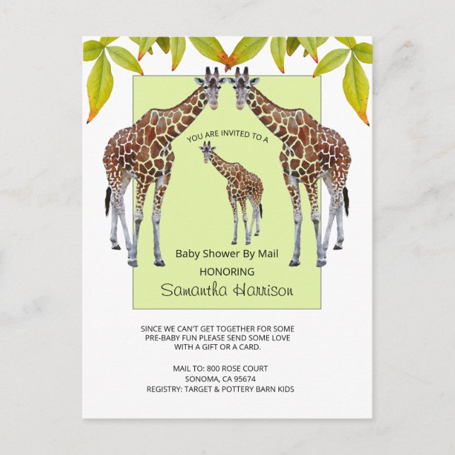 Jungle Giraffe Watercolor Babydusche per Post Einladungspostkarte (Vorderseite)