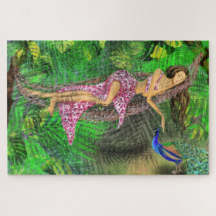 Jungle Girl and Peacock - Kunst Zeichnend Fantasie