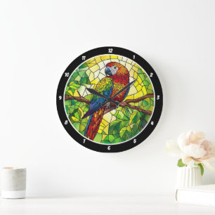 Jungle Jewel" - gesteinigter Glass-Papagei Große Wanduhr