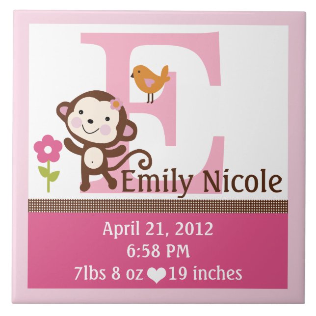 Jungle Jill Monkey Letter Name Birth Info Tile Fliese (Vorderseite)