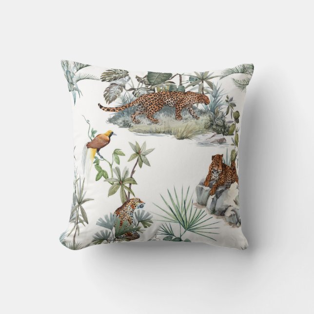 Jungle Leopard Wasserfarbe Tropische Szene Kissen (Vorderseite)