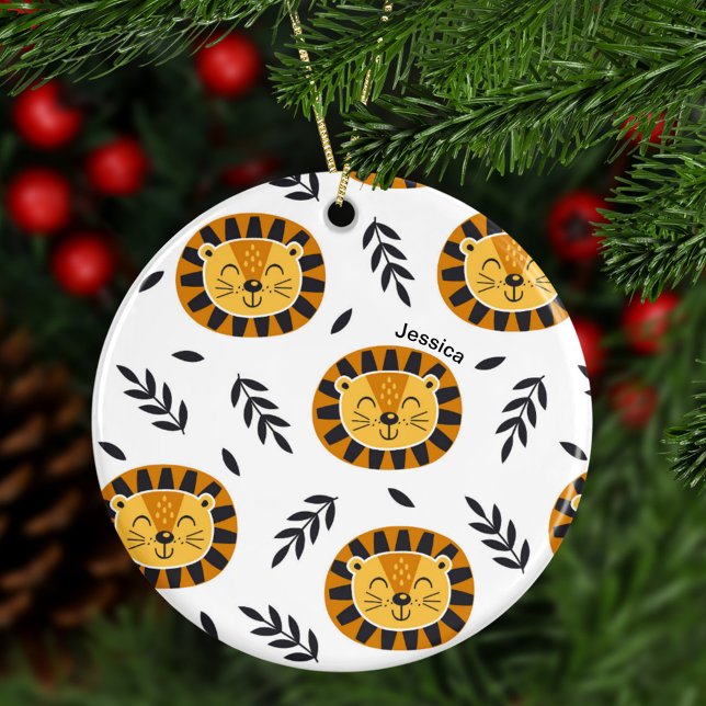 Jungle Lion Muster mit Kindern Name Weihnachten Keramik Ornament (Von Creator hochgeladen)
