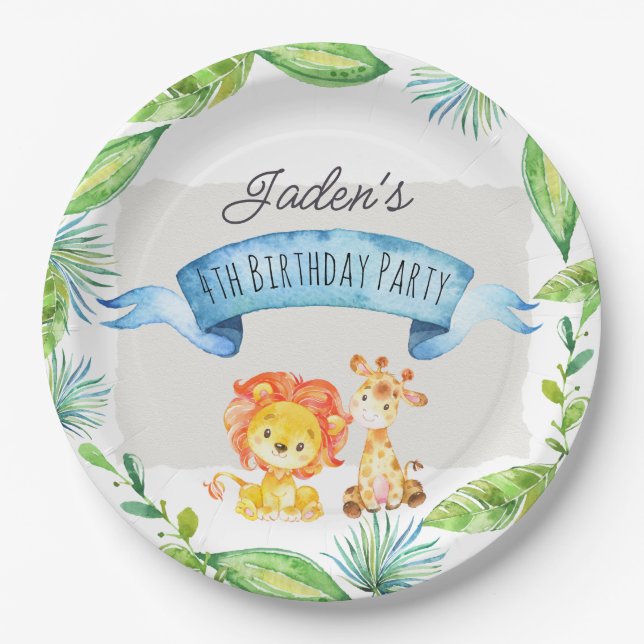 Jungle Lion und Giraffe Geburtstag Pappteller (Vorderseite)