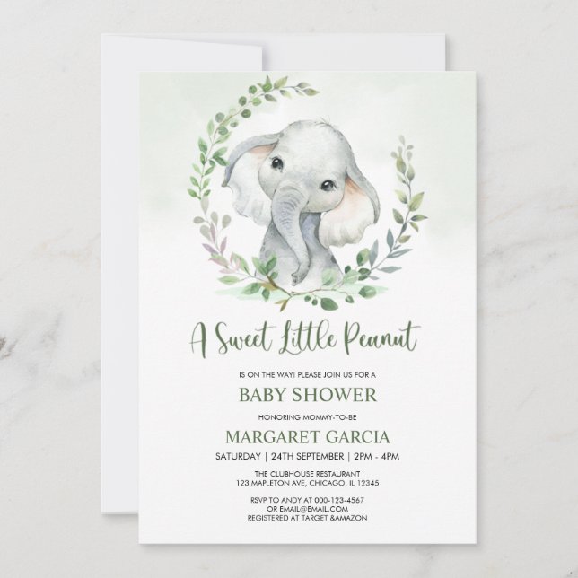 Jungle Little Peanut Greenery Elephant Baby Shower Einladung (Vorderseite)