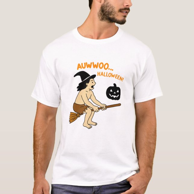 Jungle Man Halloween Ride – Funny Caveman on Broom T-Shirt (Vorderseite)