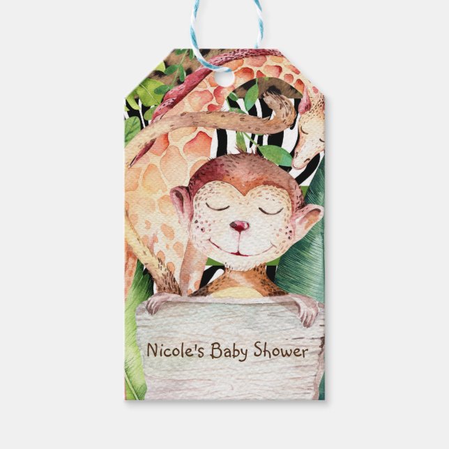 Jungle Monkey & Giraffe Animal Print Baby Dusche Geschenkanhänger (Vorderseite)