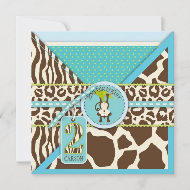 Jungle Monkey Second Birthday Invitation Blue (Devant)
