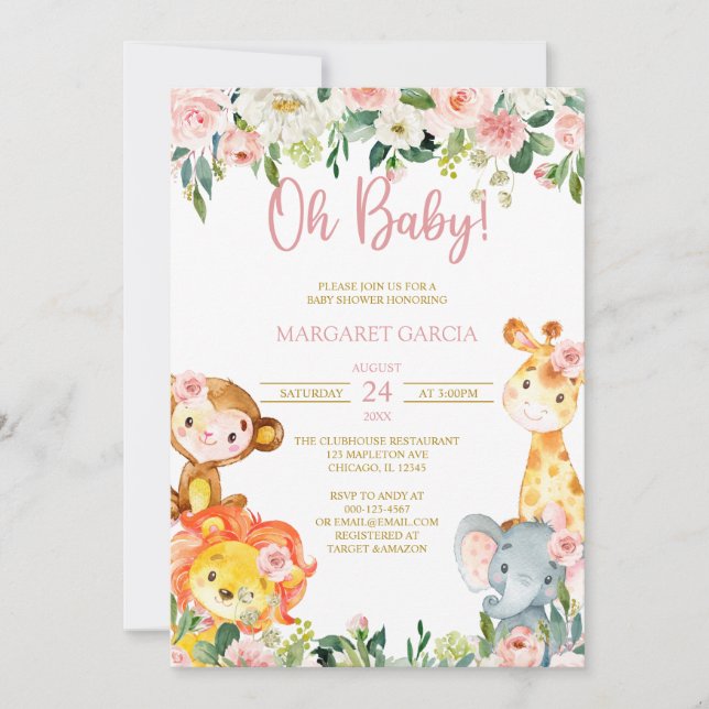 Jungle Oh Baby Girl Safari Animals Baby Shower Inv Einladung (Vorderseite)
