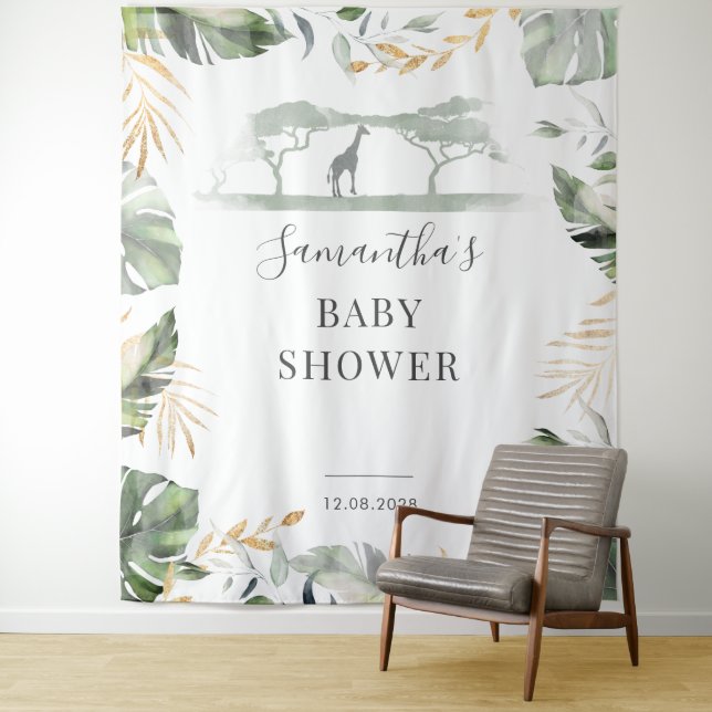 Jungle Palm Blätter Giraffe Babydusche Hintergrund Wandteppich (Beispiel)