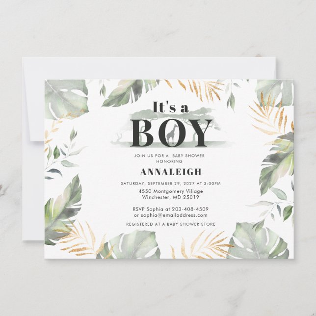 Jungle Palm Verlasse Boy Baby Shower Einladung (Vorderseite)