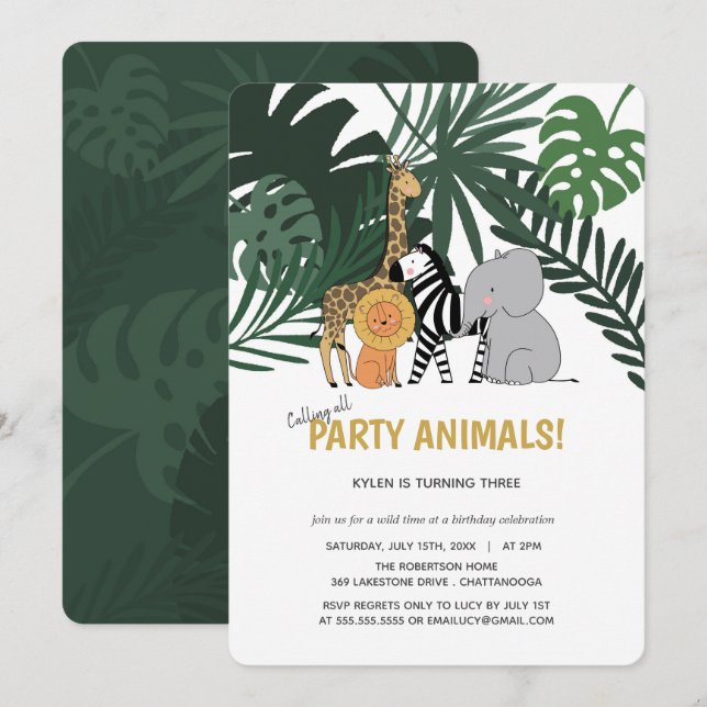 Jungle Party Animals Safari Kindergeburtstag Einladung (Vorne/Hinten)