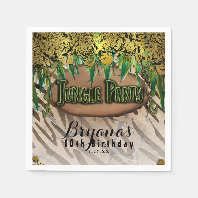 JUNGLE PARTY Gold Glam Animal Print Birthday Serviette (Vorderseite)