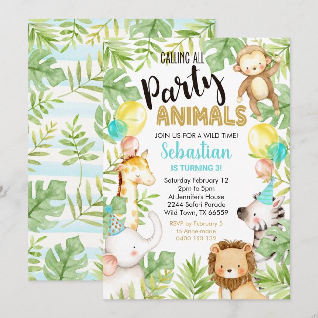 Jungle Party Tiere Einladung Jungle Geburtstag (Vorne/Hinten)