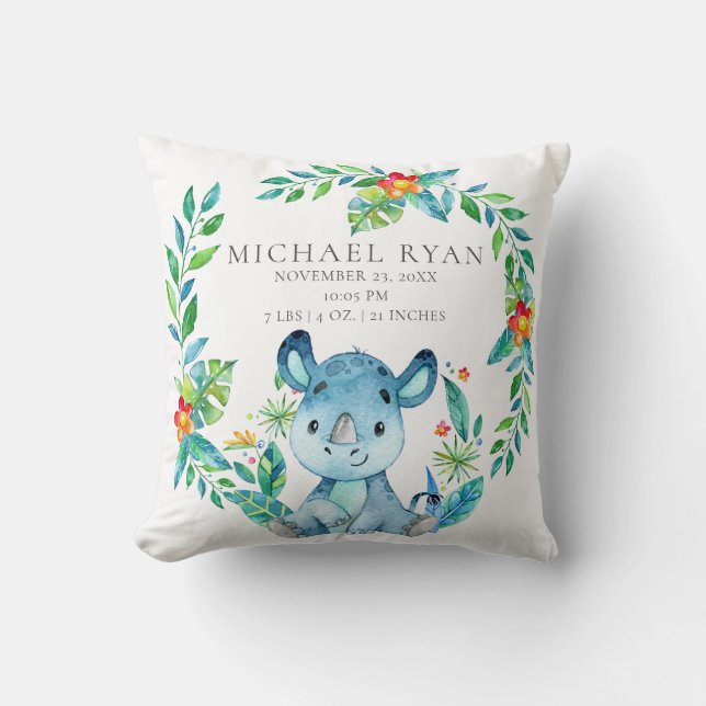 Jungle Rhino Baby Birth Stats Pillow Kissen (Vorderseite)