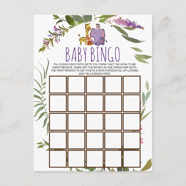 Jungle Safari Animal Baby Dusche Bingo Card Postkarte (Vorderseite)