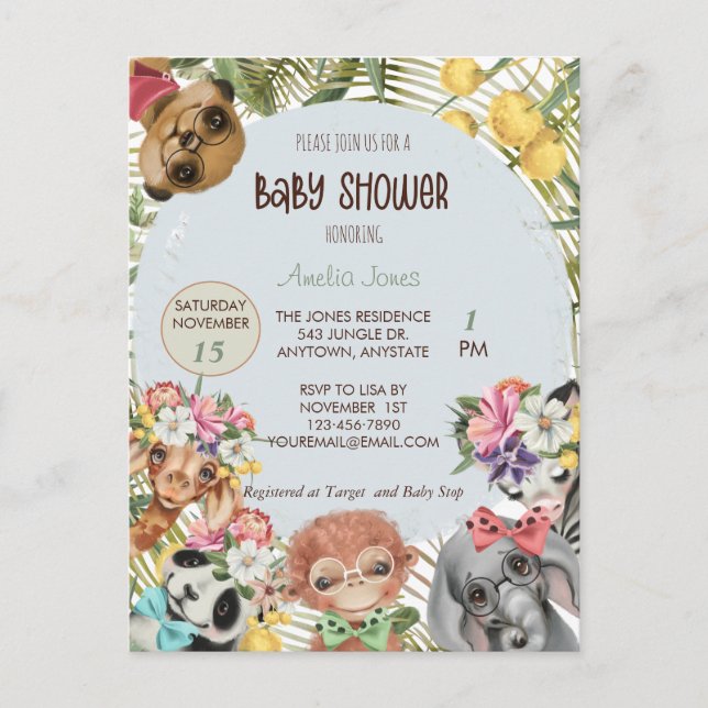 Jungle Safari Animal Baby Dusche Einladung Postkarte (Vorderseite)