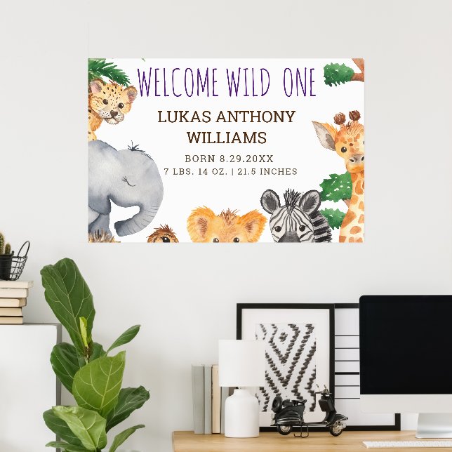 Jungle Safari Animal Baby Geburtsankündigung Poster (Heimbüro)