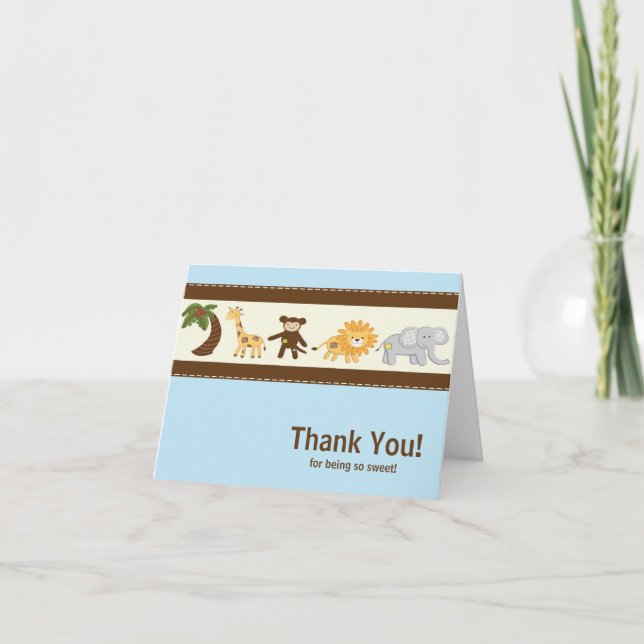 Jungle Safari Animal Blue Boy Baby Dusche Dankeskarte (Vorderseite)