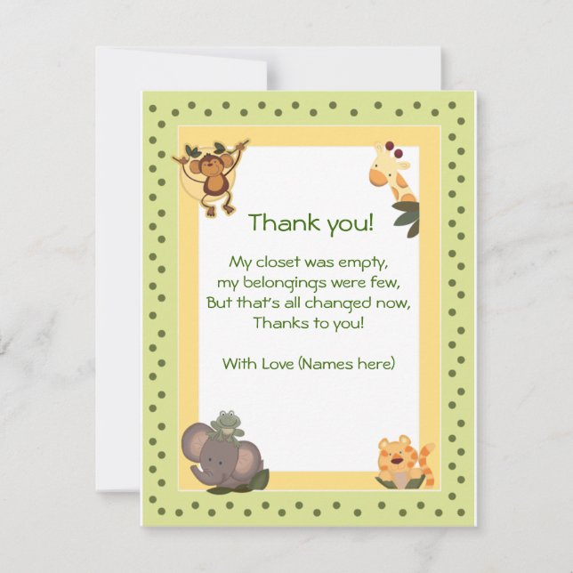 Jungle Safari Animals Baby Dusche Vielen Dank Dankeskarte (Vorderseite)