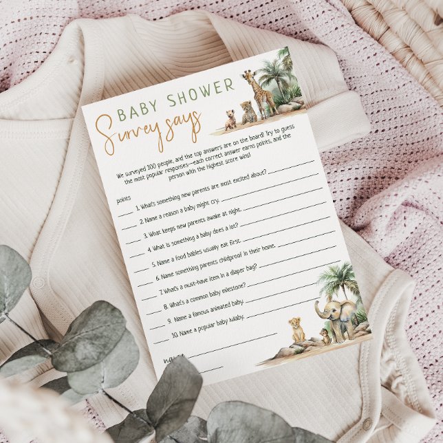 Jungle Safari Animals Baby Showumfrage Says Card Einladung (Von Creator hochgeladen)
