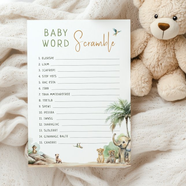 Jungle Safari Animals Baby Word Scramble Game Card Einladung (Von Creator hochgeladen)