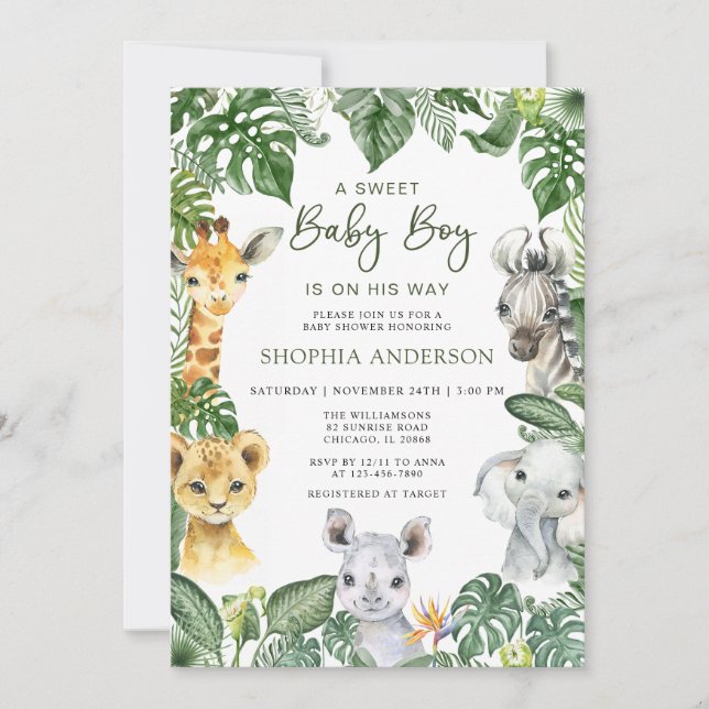 Jungle Safari Animals Boy Baby Shower Einladung (Vorderseite)
