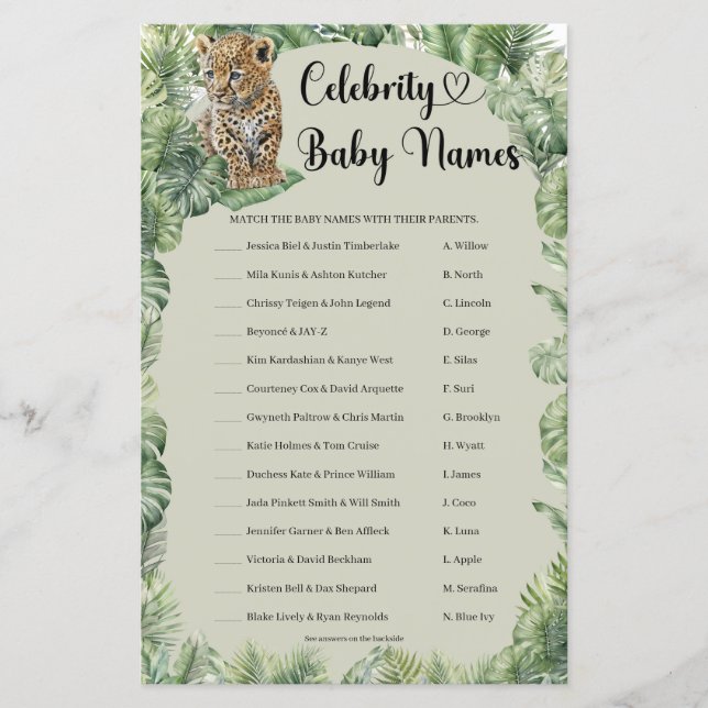 Jungle Safari Animals Celebrity Baby Names Spiel (Vorderseite)