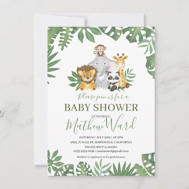 Jungle Safari Animals Greenerity Boy Baby Shower Einladung (Vorderseite)
