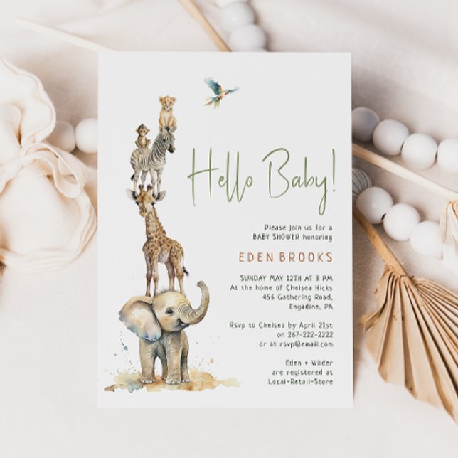 Jungle Safari Animals "Hello Baby" Babydusche Einladung (Von Creator hochgeladen)